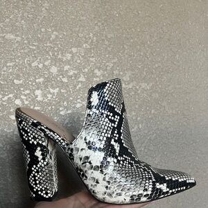 Aldo Black and White Snakeskin Mules